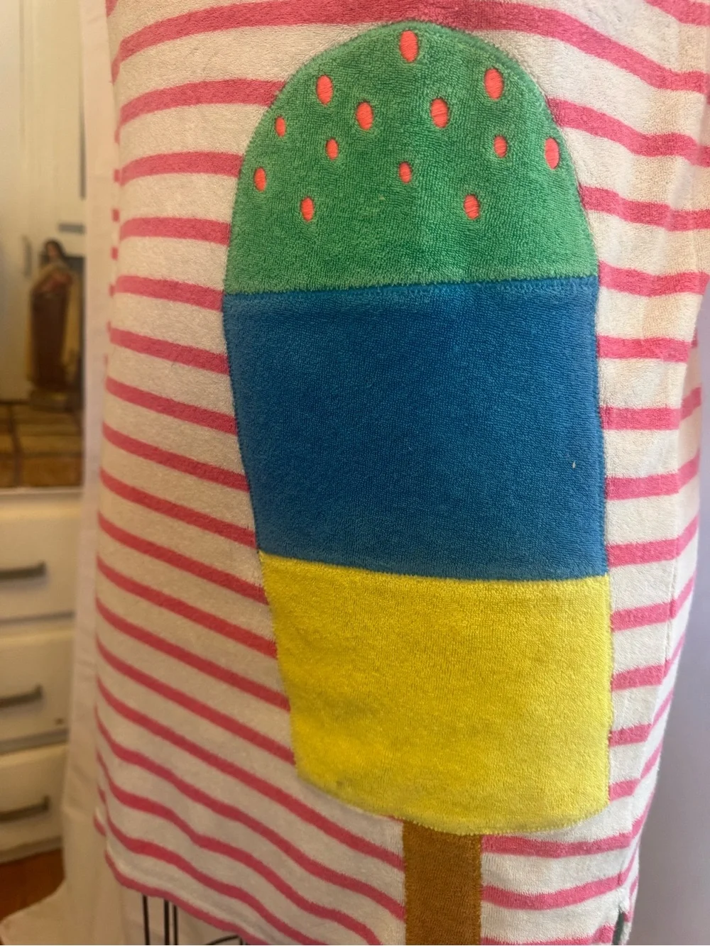 Mini Boden RARE Pink & Cream Striped Hooded Swim Coverup with Popsicle Appliquéd